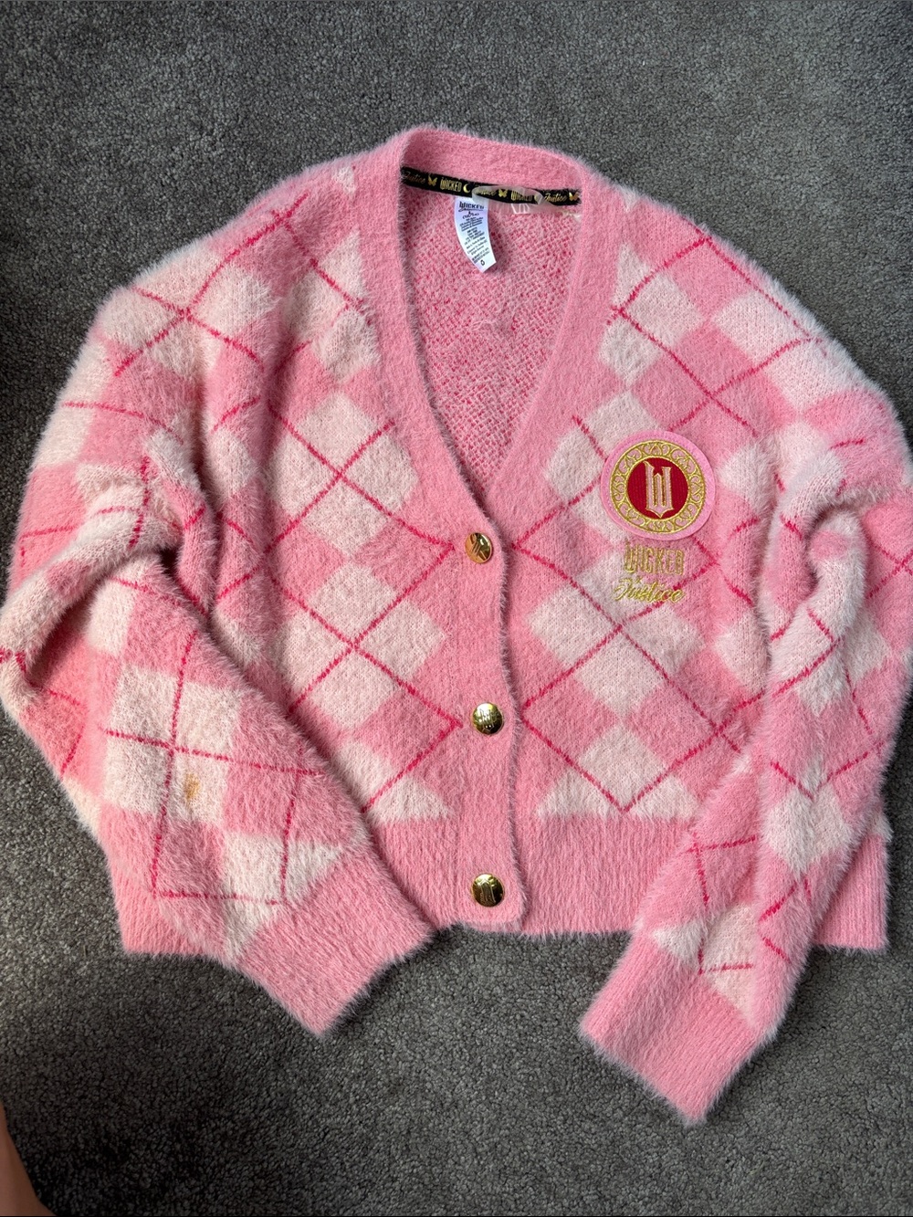Justice Pink & Cream Argyle Fuzzy V-Neck Cardigan